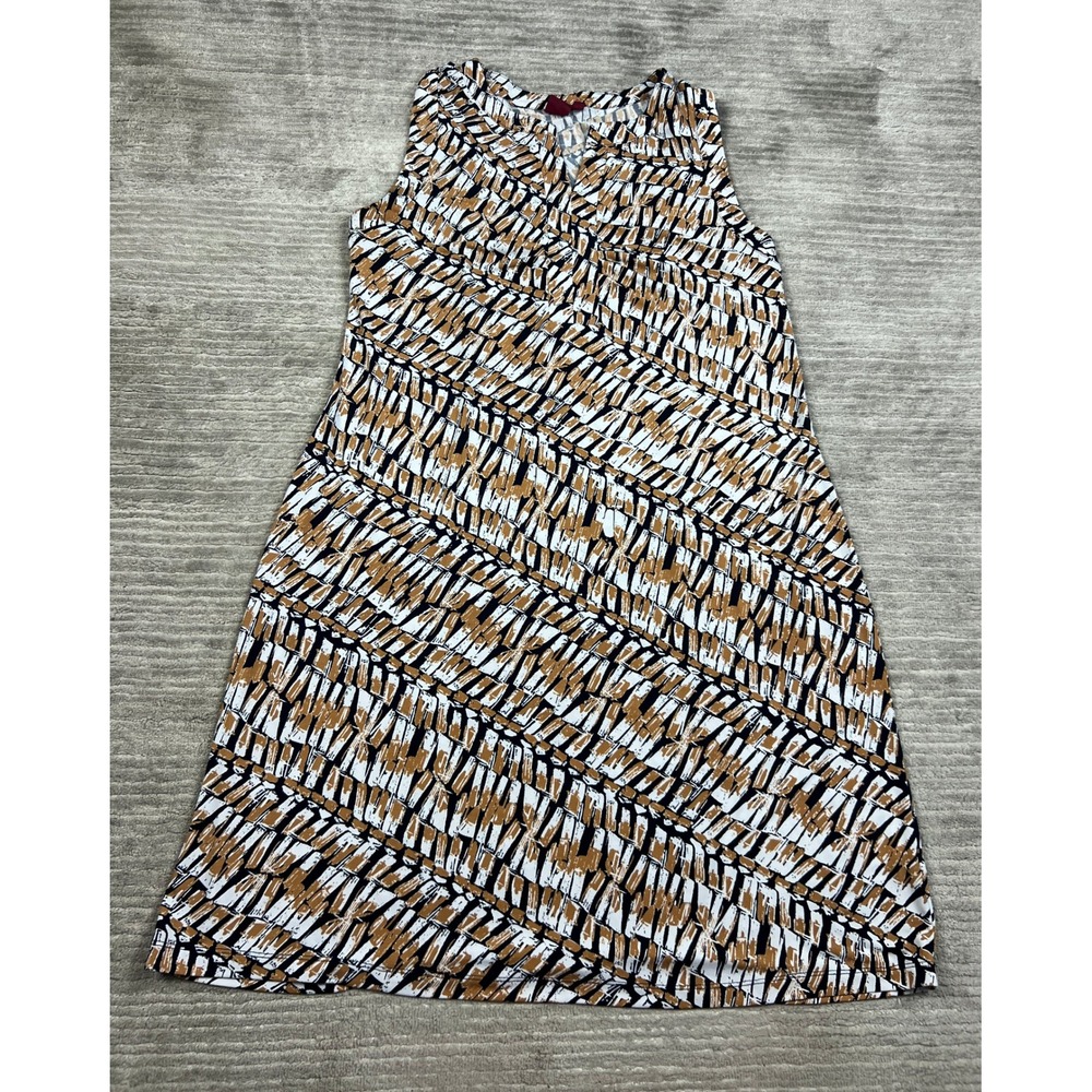 212 Collection Dress Women XL Tan Black White Abstract Geometric V-Neck Shift